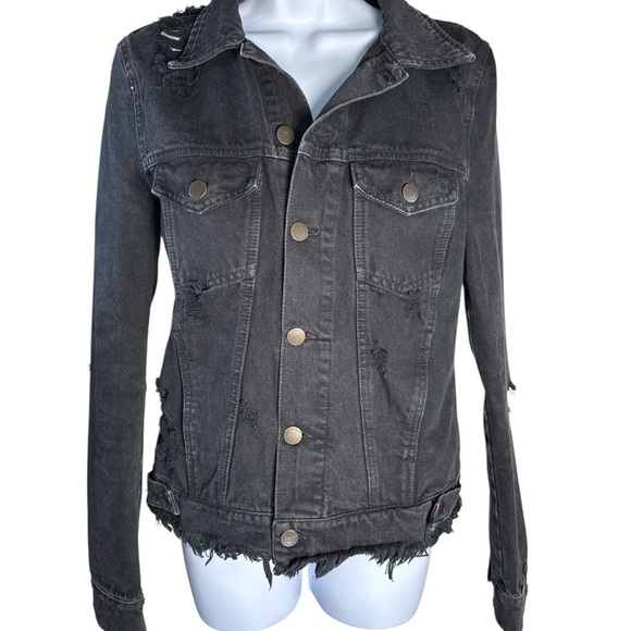 Retrofete Black Distressed Jean Jacket with Raw-Edge Hem Size S - Picture 1 of 8